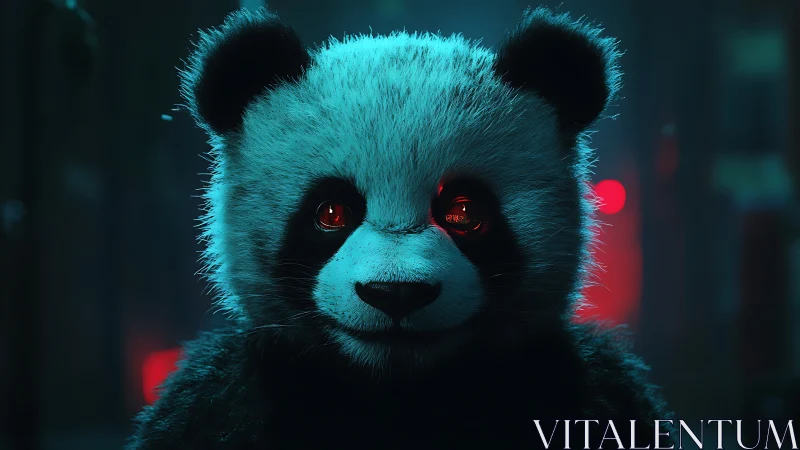 Neon alley panda cyborg gazing with quiet electric mischief.