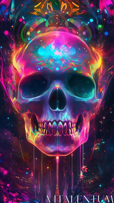 Neon skull floats in symmetrical, glowing abstract space