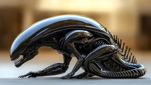 Sleek alien creature crouches in polished sci fi environment