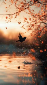 Silhouette bird lifts from river surface under warm sunset light