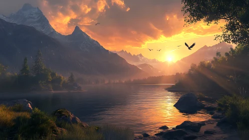 Sunlit mountain lake landscape with birds in flight at dusk.