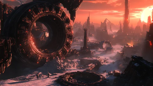Colossal ring structures dominate frozen sci fi ruin at sunset