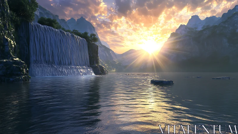Sunlight intersects waterfall and mountains over calm lake