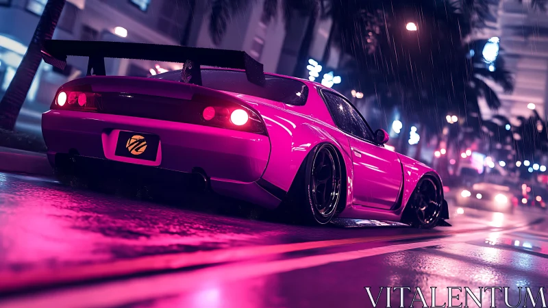 Neon pink sports car glows boldly in a rainy city night street