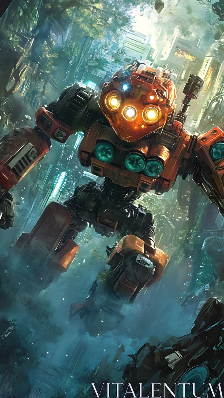 Orange combat mech strides through overgrown city ruins.