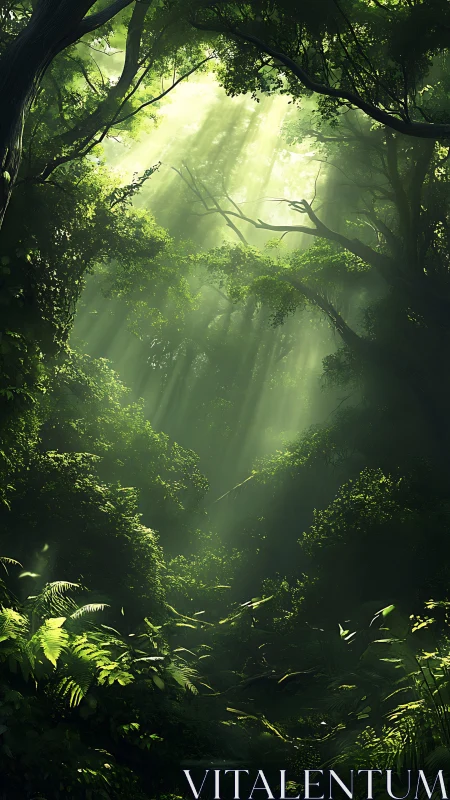 Sunlit Forest Canopy with Ethereal Light Rays.