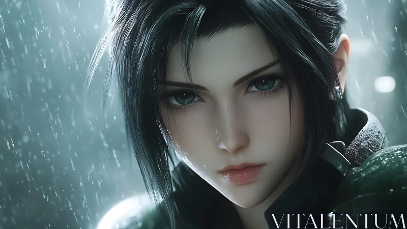 Rain-soaked cyber huntress staring down the stormfront.