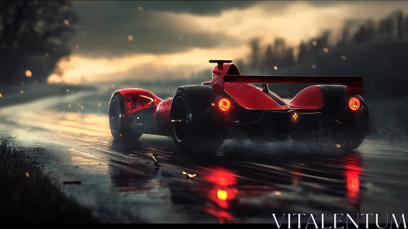 Red concept race car accelerates on wet reflective road