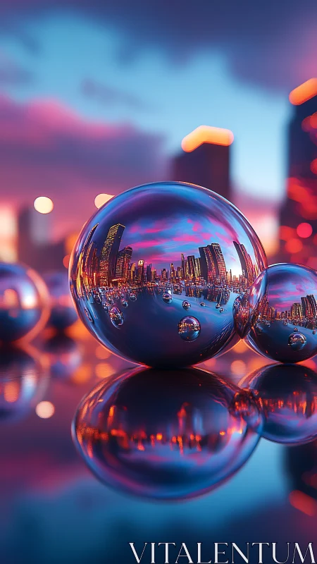 3D mirrored spheres with neon skyline refraction study.