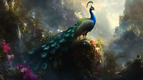 Majestic peacock stands on lush cliff in glowing fantasy valley