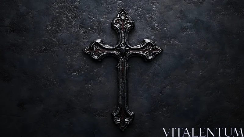 Gothic black metal cross on textured dark stone backdrop.