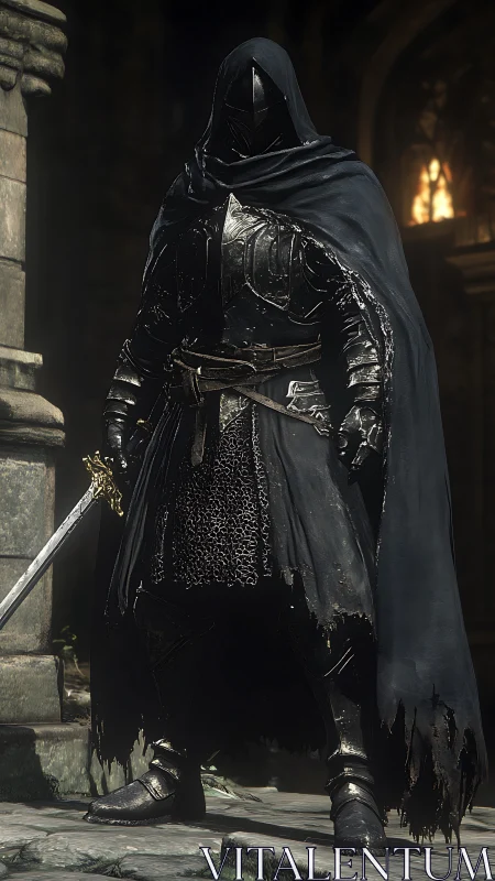 Hooded gothic knight rendered in high-detail digital armor study.