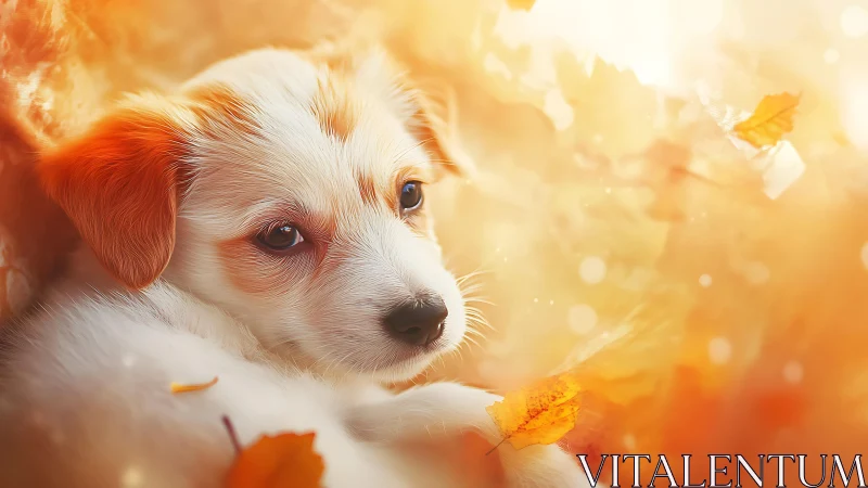 Puppy rests in glowing autumn leaves, soft golden light.