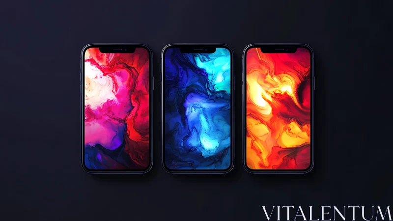 Triptych of liquid nebula screens glowing in quiet dark.