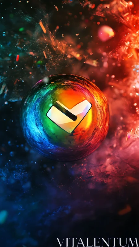 Prismatic energy sphere encases a luminous check icon.