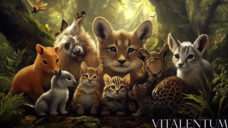 Digital composition depicting multiple carnivorous mammals in forest setting.