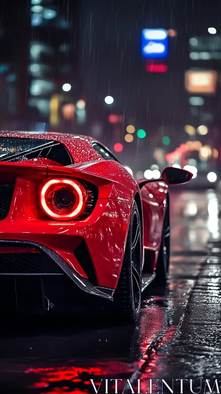 Scarlet supercar stalks neon rain along midnight city streets.