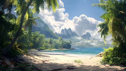 Tropical coastal landscape with mountain formations and palm vegetation framing.