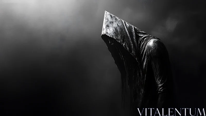 Hooded void figure bends in fog, cloaked in dripping shadow.
