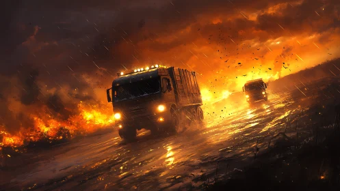 Trucks Racing Through Apocalyptic Inferno.