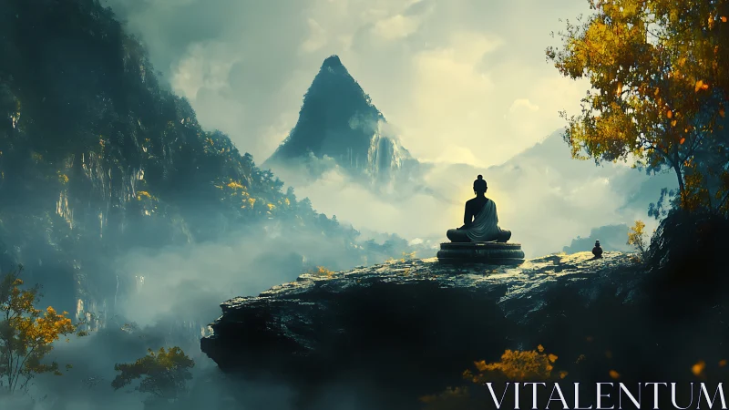 Meditating buddha overlooks misty mountains at sunrise