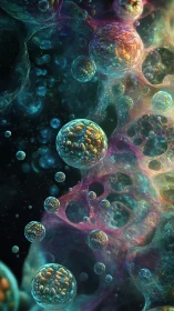 Celestial bubble colonies drift through glowing cosmic foam