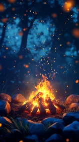 Bonfire Embers Against Twilight Forest.
