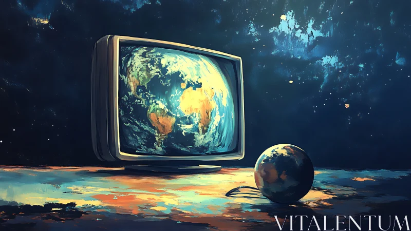 CRT monitor displays rotating Earth beside tethered globe sphere