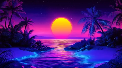 Neon sunset cove where dreamy waves meet starlit palms.
