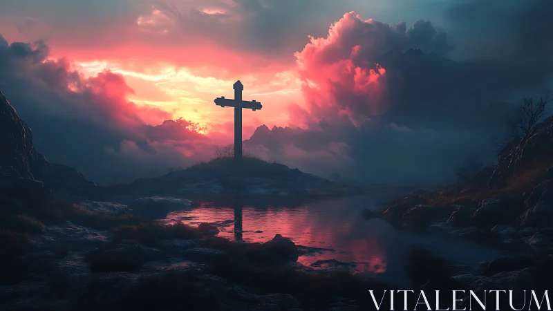 Backlit wooden cross over reflective mountain marsh at dusk