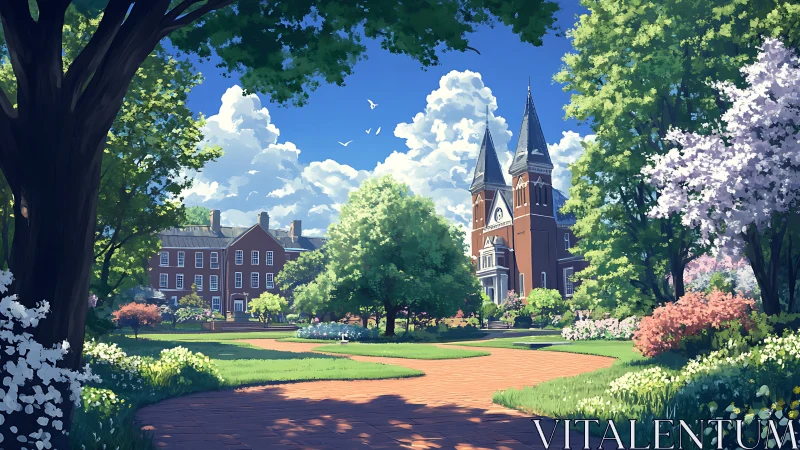 Sunny campus quad with brick chapel and spring trees.