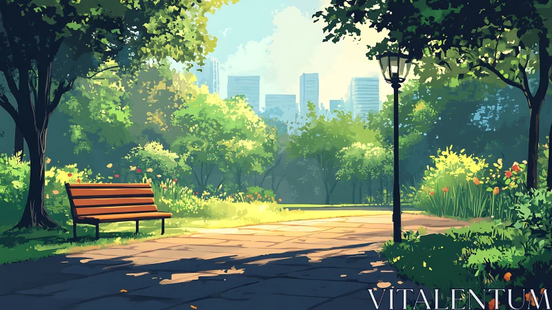 Urban Park Sanctuary with Solitary Bench