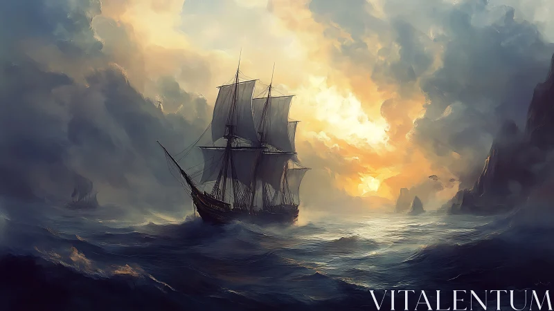 Sailing vessel on open sea under dense clouded sunset.