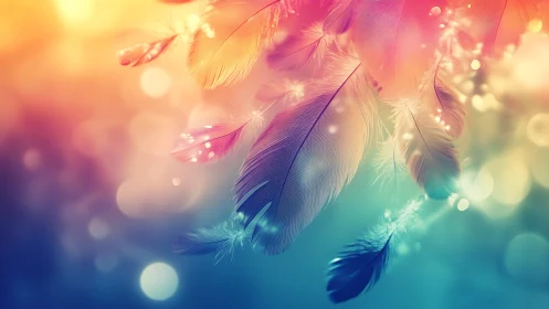 Colorful feathers drift through soft luminous bokeh light