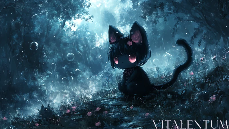 Moonlit forest kitten spirit with curious pink eyes.