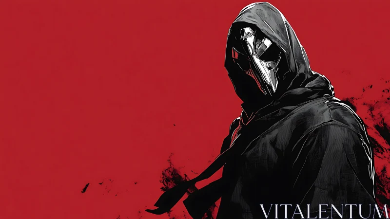 Masked cloaked figure rendered in high-contrast graphic comic style