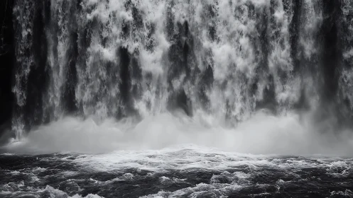 Roaring waterfall curtain spilling into churning dark water.