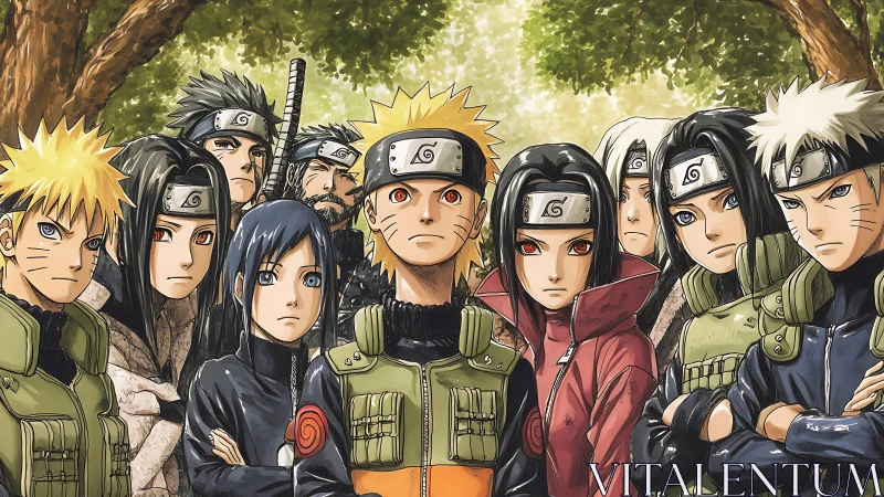 Leaf village ninja lineup under dappled forest canopy.