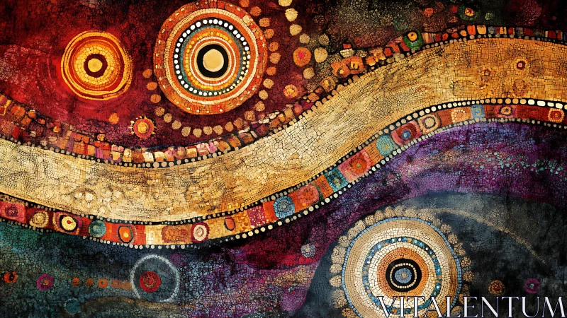 Abstract mosaic art with swirling gold bands and colorful circles.