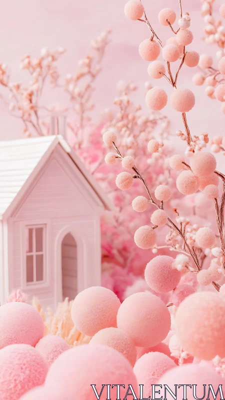 Pastel candy cottage nestles among soft pink spheres.