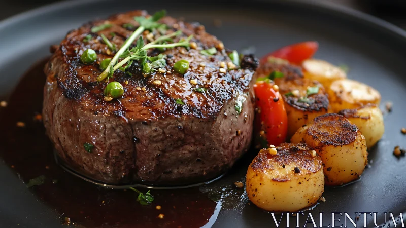 Seared filet mignon with glazed potatoes in rich pan jus.