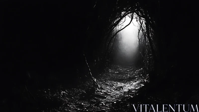 Backlit forest tunnel isolates a luminous exit corridor