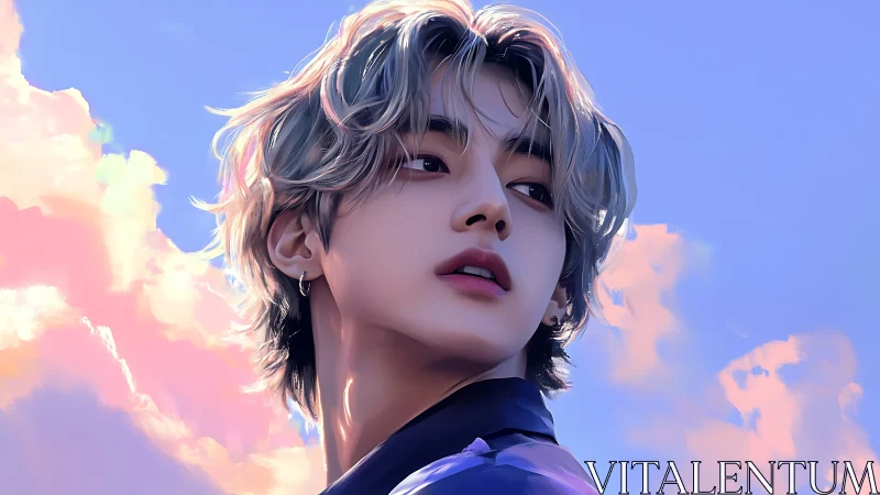 Chromatic sky portrait with soft-lit pastel rim highlights.