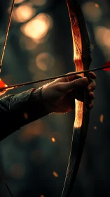 Photorealistic archer close-up with cinematic bokeh lighting.
