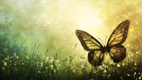 Elegant Butterfly in Dreamy Meadow, Digital Art Style.
