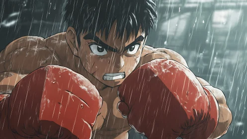 Anime Boxing Character with Clenched Red Gloves Demonstrating Aggressive Forward Stance