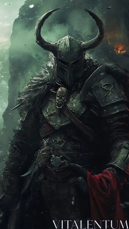 Horned dark knight in weathered armor amid burning fog.