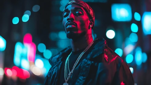 Male subject in neon lit urban night environment portrait.