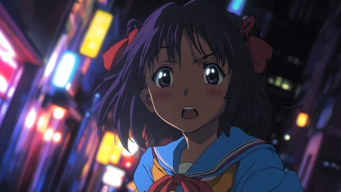 Neon city rush with anxious schoolgirl in motion blur.