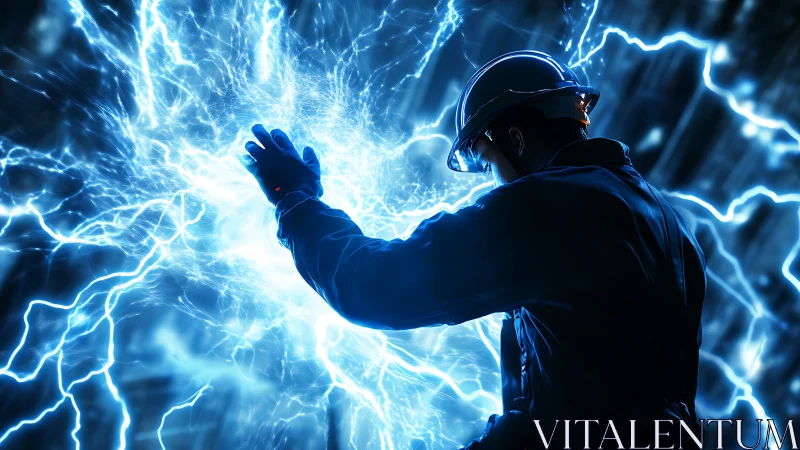 Electrician commanding intense blue energy field burst.